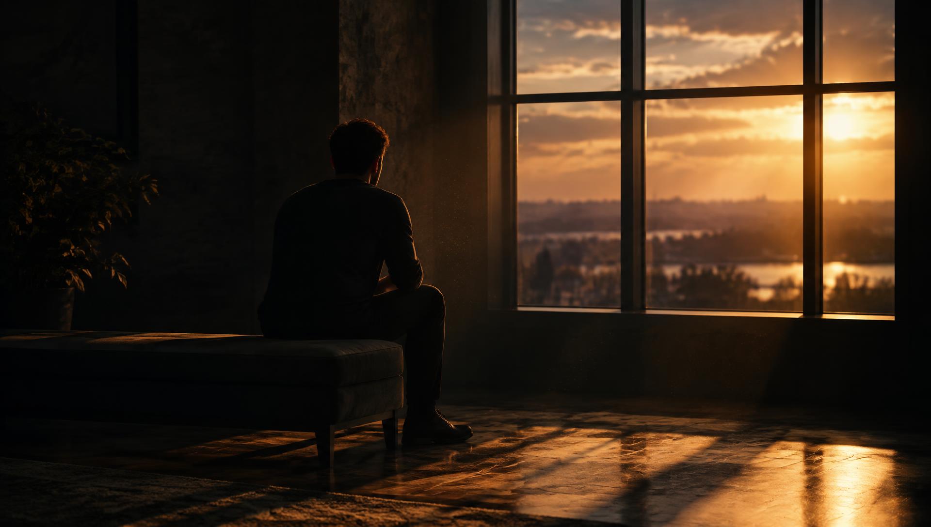 A man seated in quiet reflection as warm light falls through a large window